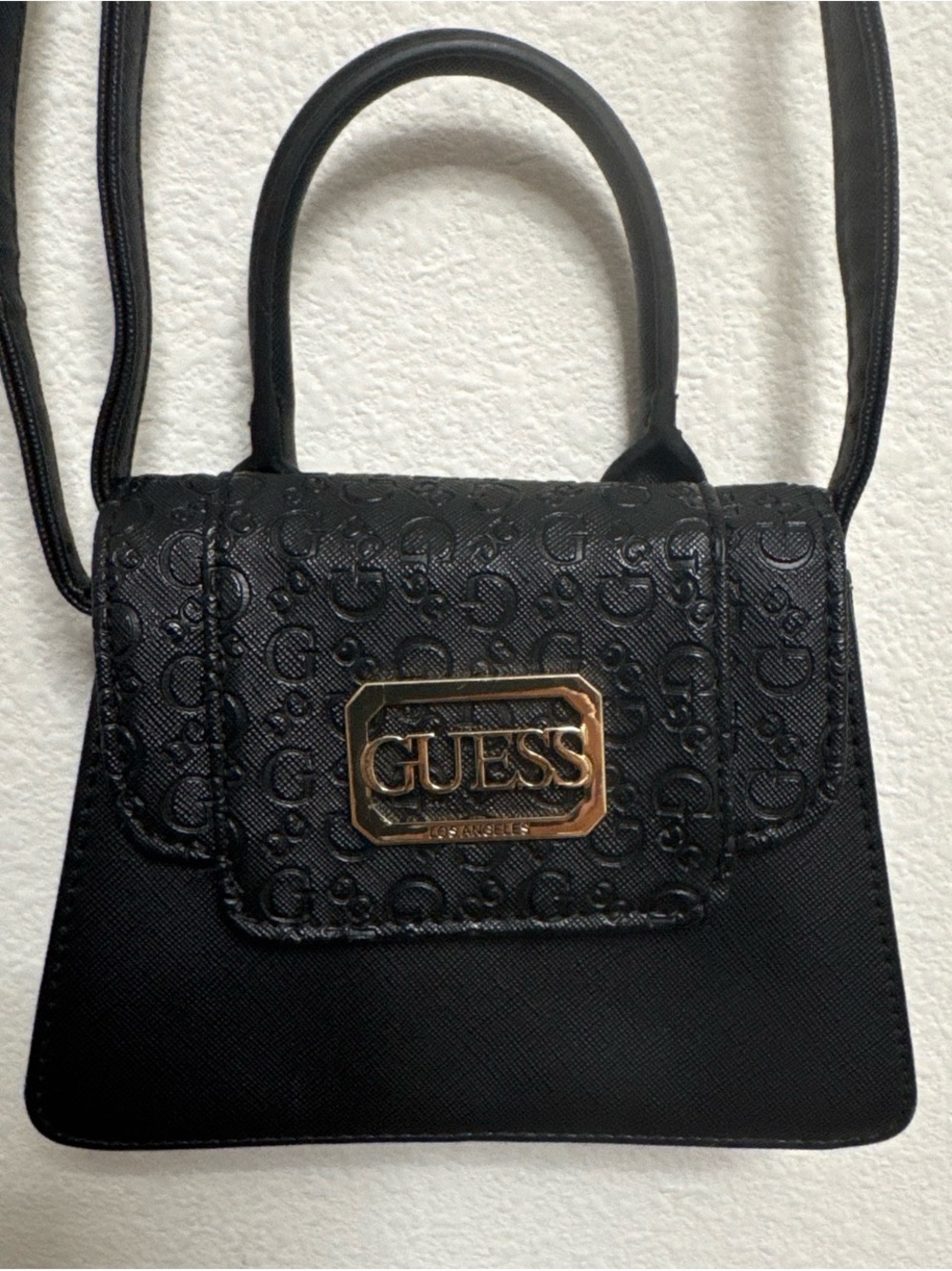 GUESS Black Embossed Logo Mini Satchel with Gold Plaque